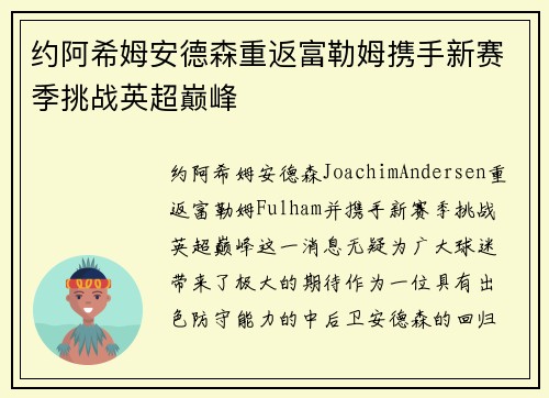 约阿希姆安德森重返富勒姆携手新赛季挑战英超巅峰